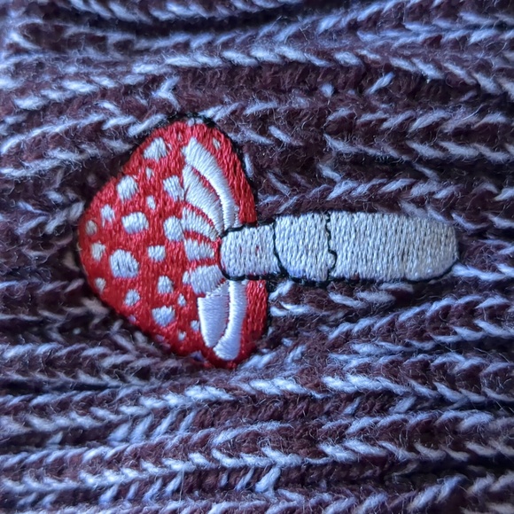 Embroidered Amanita Mushroom Fitted Beanie Hat in Chocolate Brown and White - Picture 3 of 4